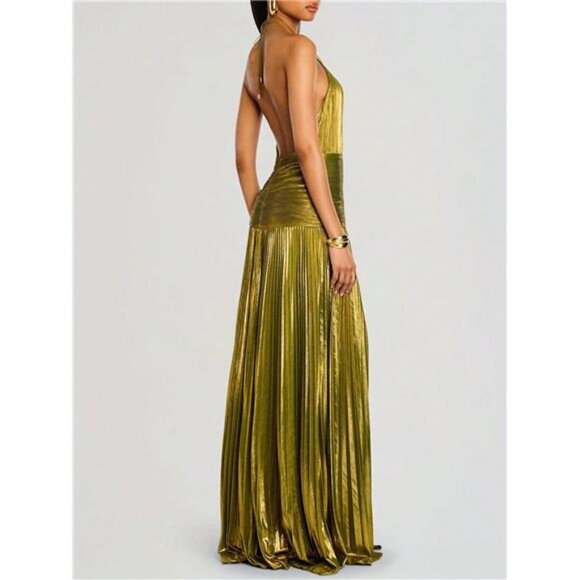 Metallic Pleated Maxi Gown -Glitter Green Halter Neck Slit Maxi - Picture 3 of 7